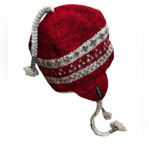 NEPAL EVEREST DESIGN EARFLAP HANDMADE 100% WOOL HAT Felt Red White Handmade EUC